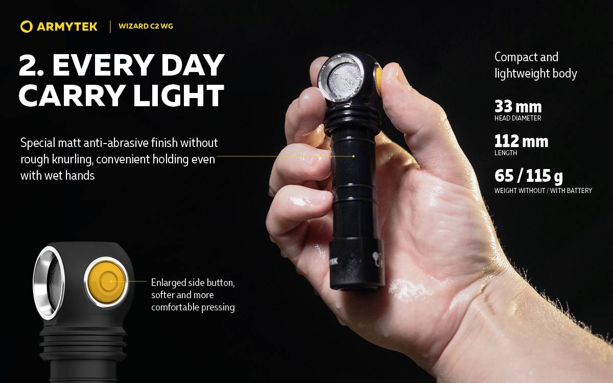 'Every Day Carry Light' torch is held in one hand, with a matte black finish and side switch. Compact: 33 mm in diameter, 112 mm length, weight 115 g.