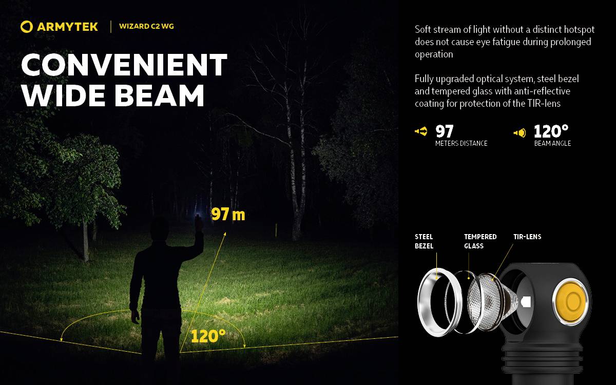 'Armtek Wizard C2 WG Torch' on offer. Wide light beam; illuminates 97 m, 120° beam angle. High-quality materials highlighted.