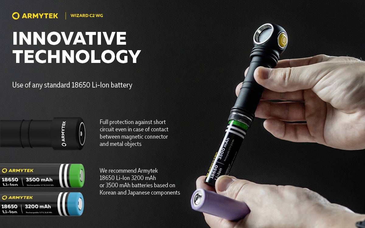 'Innovative Technology' - Image shows hands holding an Armytek torch with an 18650 Li-Ion battery. Text: Protection against short circuit. Recommended batteries: 18650 Li-Ion 3200 mAh or 3500 mAh.