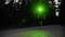 A person is jogging at night on a road through a woodland. A green light shines in front of their face, making them visible in the darkness.