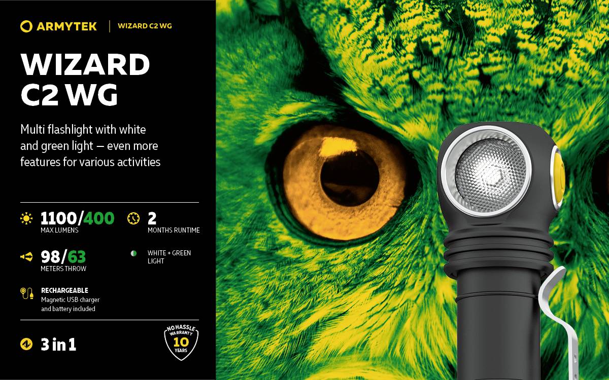 'Wizard C2 WG Torch with White and Green Light. 1100/400 Lumens, 2-hour Runtime. Waterproof, 10-Year Warranty.'