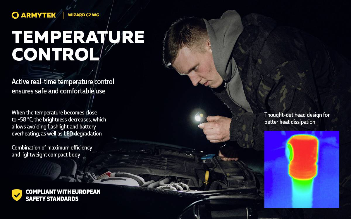 'Temperature Control' Image shows a man with a torch over a car bonnet. Text describes temperature regulation and safety according to EU standards. Colour illustration of heat dissipation.