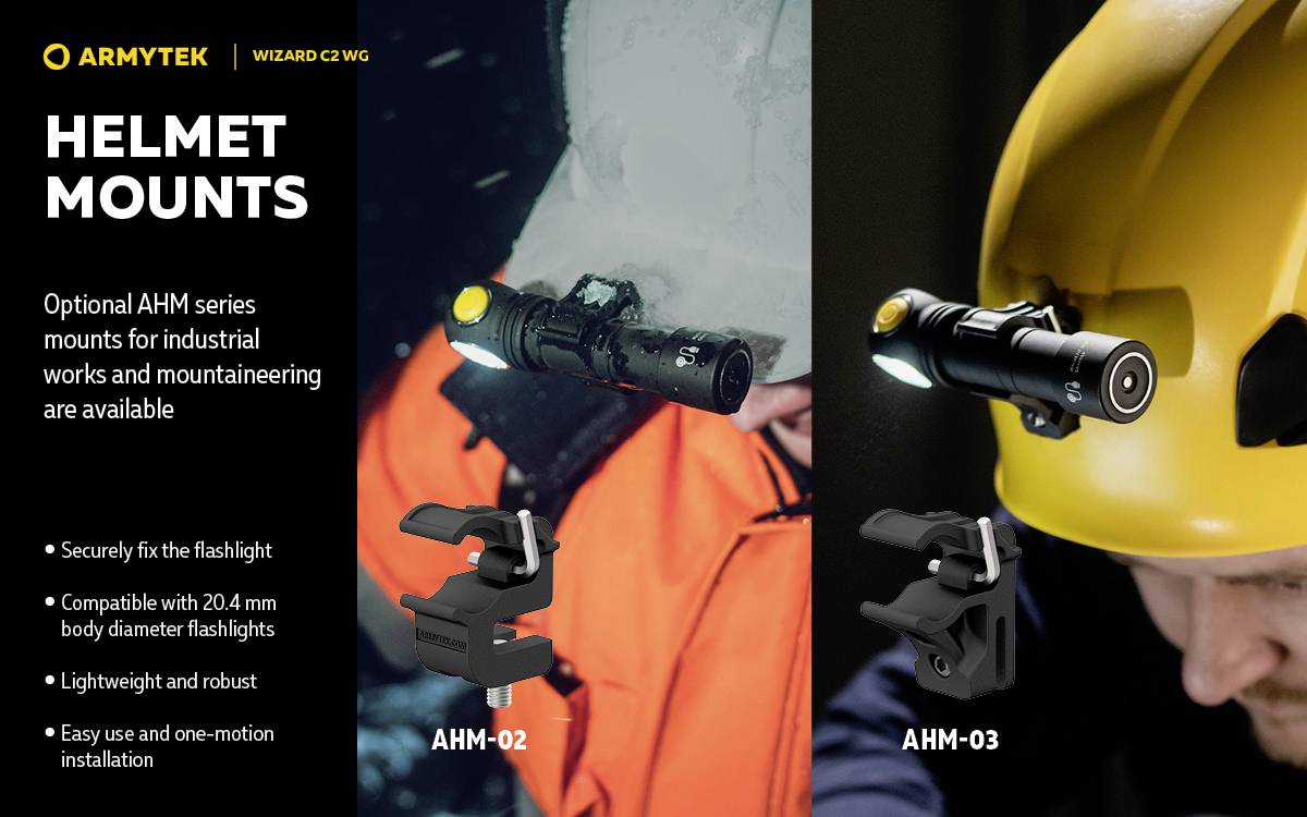 'ARMTYEK Wizard C2 WG Helmet Mounts. Optional AHM series mounts available for industrial and mountaineering use. AHM-02 and AHM-03 introduced.'