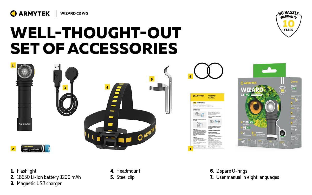 'Armtek Wizard C2 WG Accessory Set: Torch, 18650 Li-Ion Battery, USB Charger, Head Mount, Steel Clip, 2 O-rings, Instructions.'