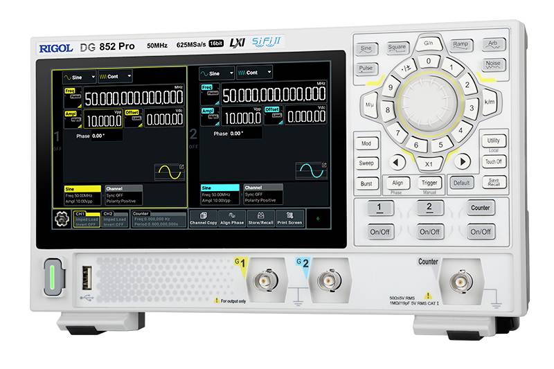 A signal generation device with a digital display shows two waveforms. It has numerical keys and rotary controls for adjustment.