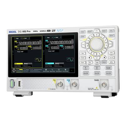 A signal generation device with a digital display shows two waveforms. It has numerical keys and rotary controls for adjustment.