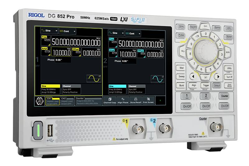 A user-friendly function generator with two display screens for showing signals and frequencies. Rotary controls and buttons for operation.