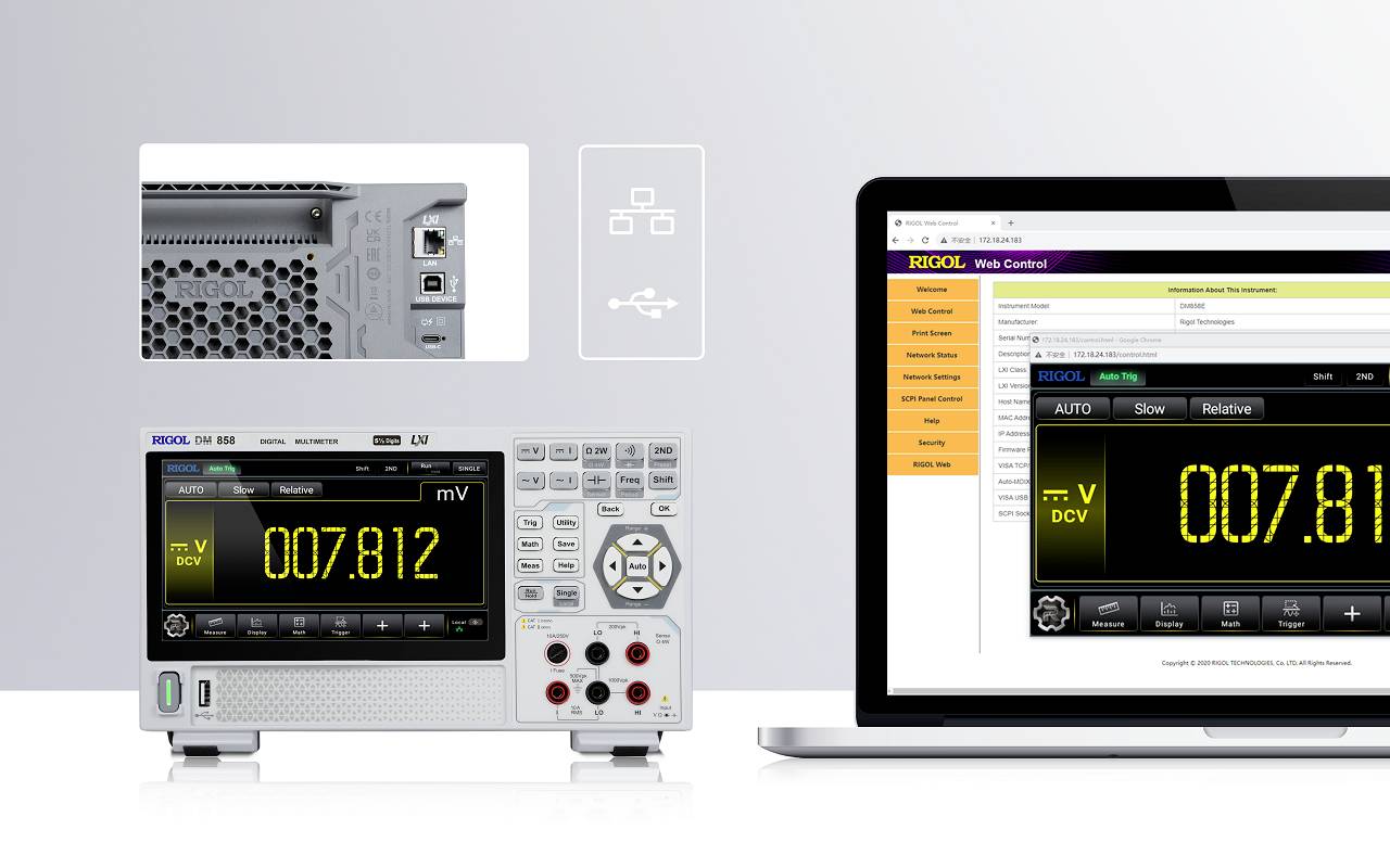 A device measures voltage and displays '007.812 mV'. A laptop beside it shows the same reading. A connection via USB is possible.