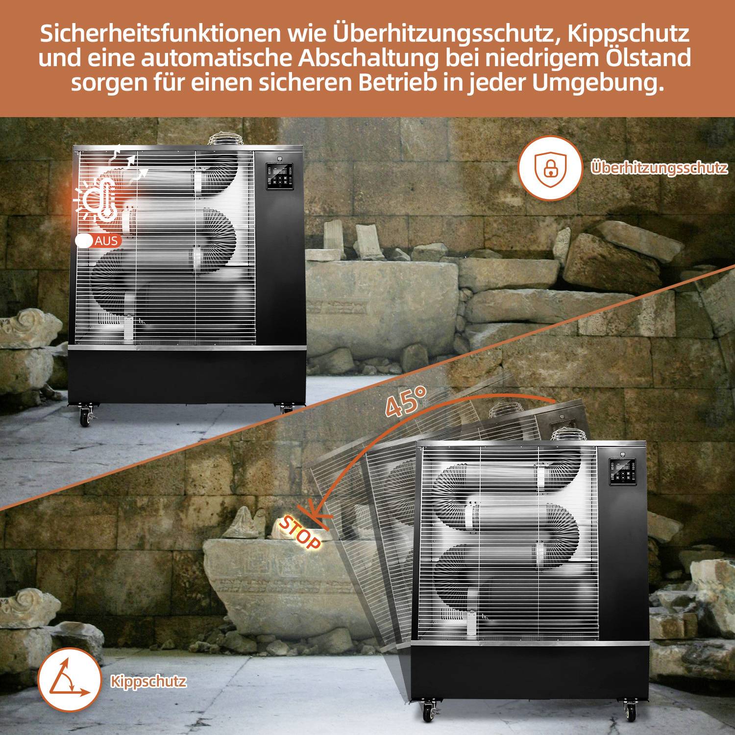 'Graphical representation of a device's safety functions: overheating protection, tilt protection, and automatic shutdown in the event of low oil level.'