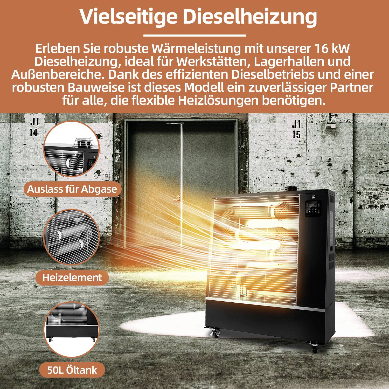 Robust diesel heater with 16 kW output, ideal for workshops and warehouses. Emphasises efficiency and versatility.