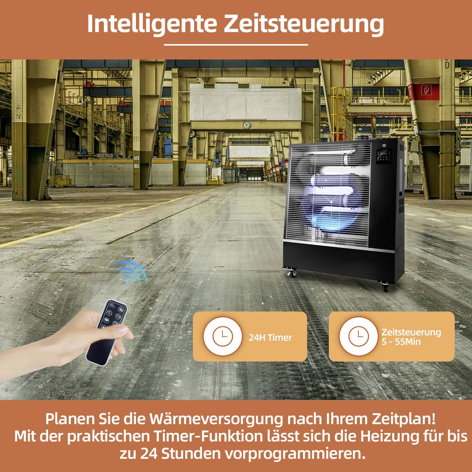 Industrial hall with a heating device controlled by remote control. Text highlights timer function: 24-hour pre-programming.