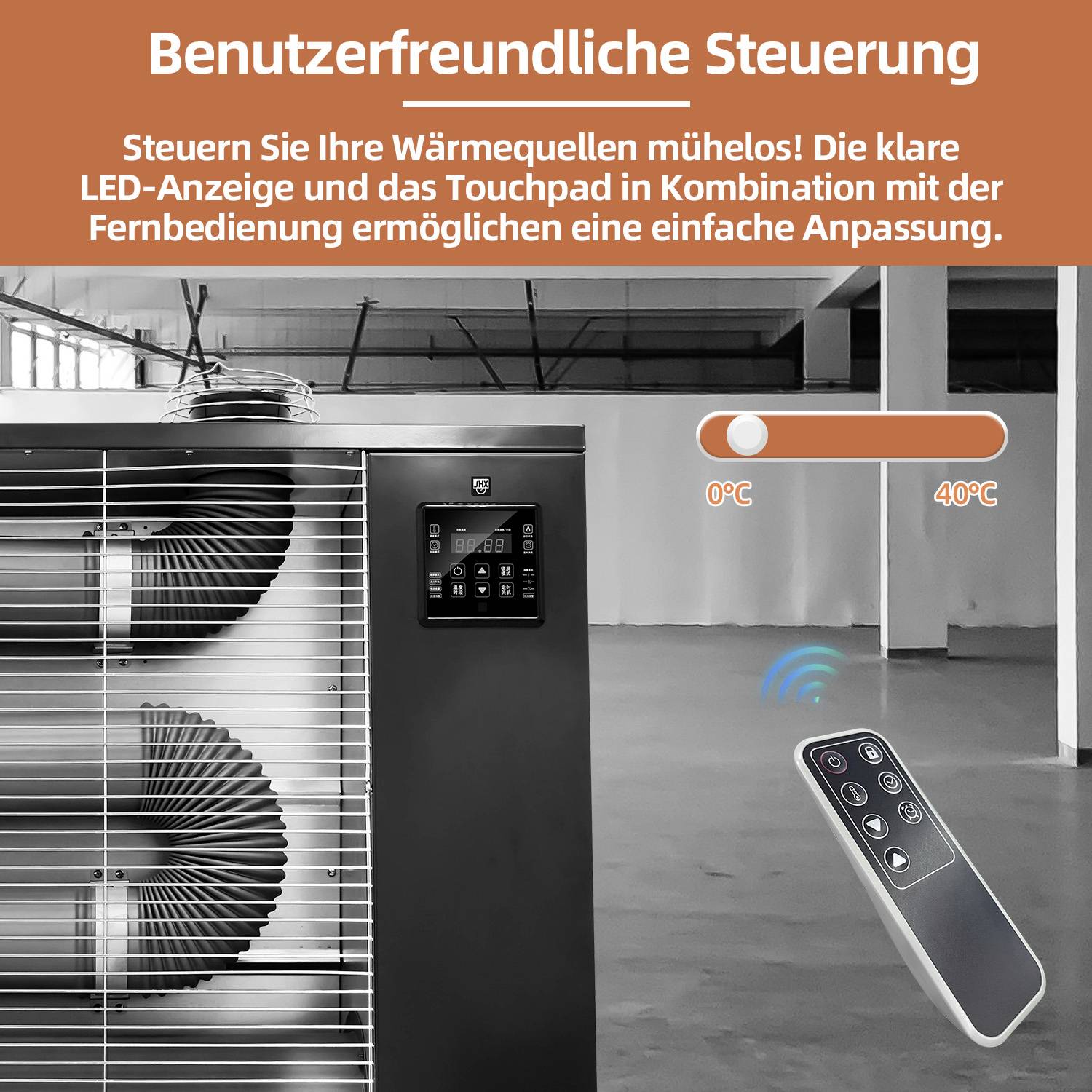User-friendly control of a heat pump with LED display and touchpad. Remote control offers simple temperature adjustment.