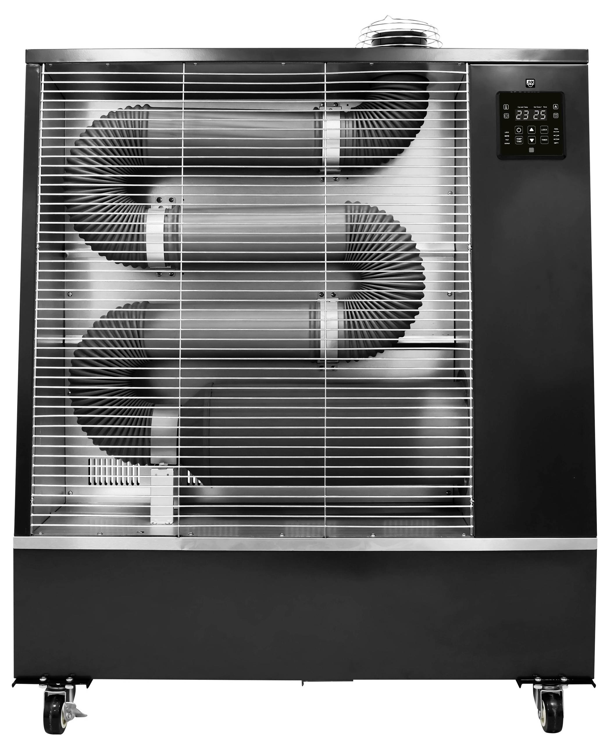 Black fan on wheels with three horizontal rotors and a digital control panel displaying the temperature. Suitable for industrial use.