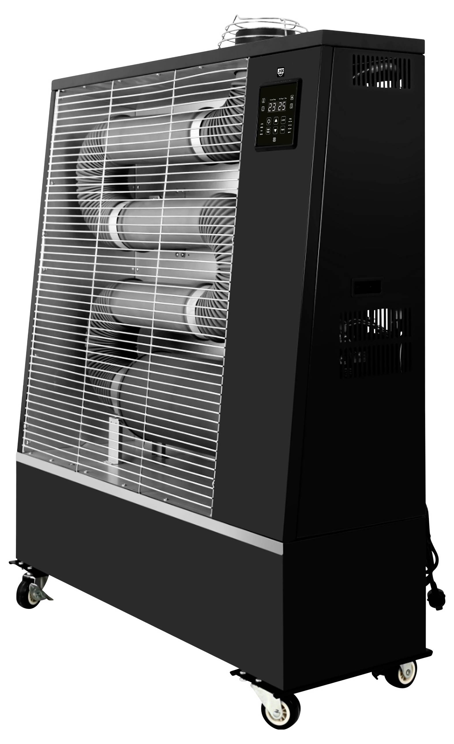 A mobile industrial fan heater with a black casing and three visible heating coils, mounted on wheels for easy movement.