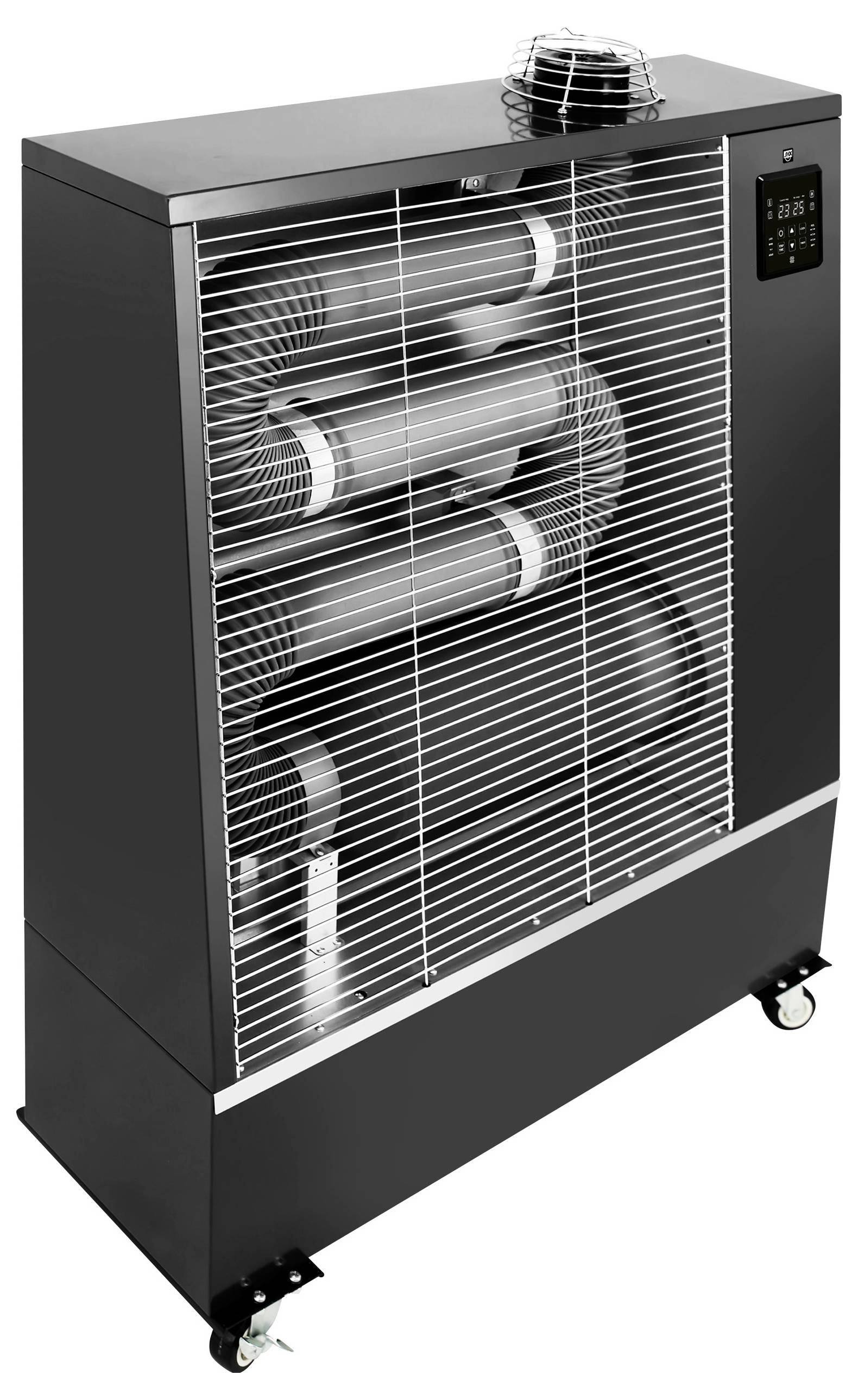 Black mobile heating radiator on wheels, with a mesh guard and digital display on the right side.