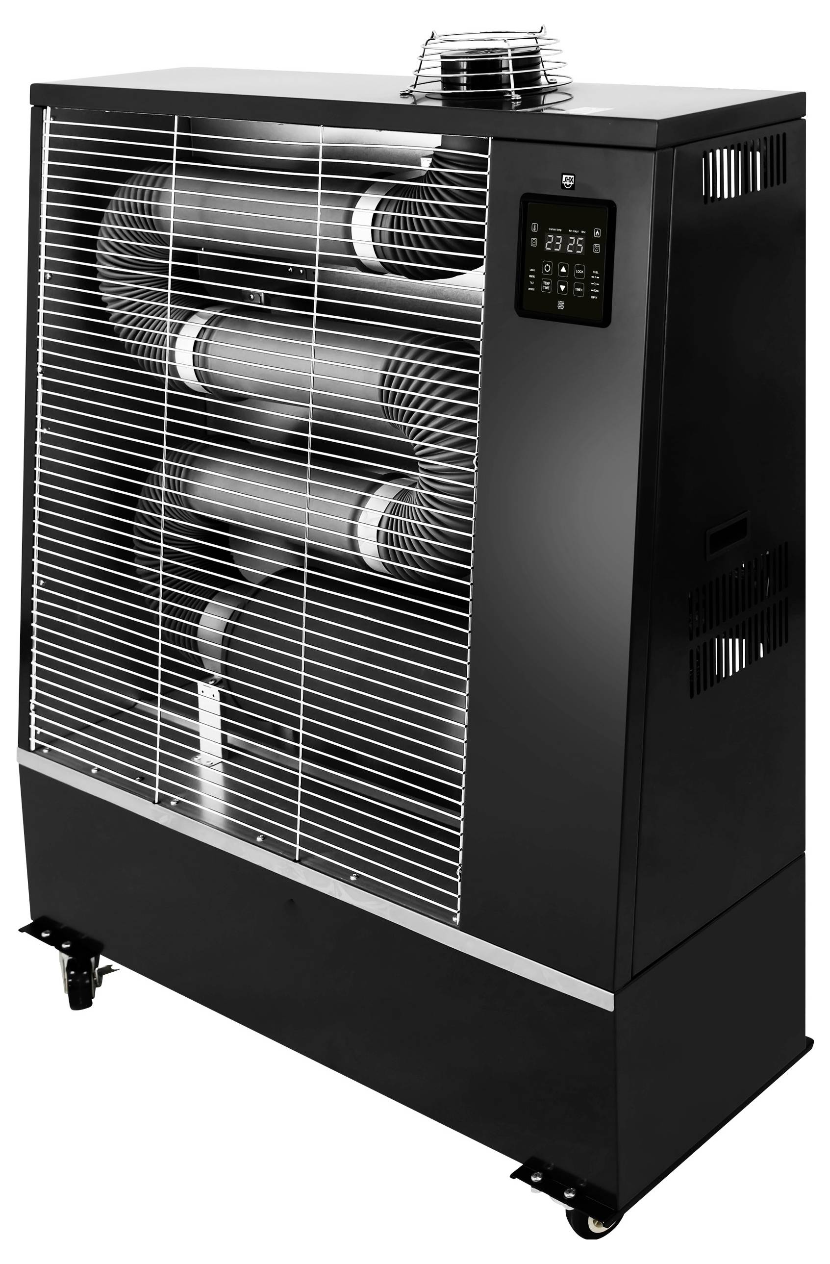 A black, portable stove with several pipes behind a grille and a digital control panel on the side.