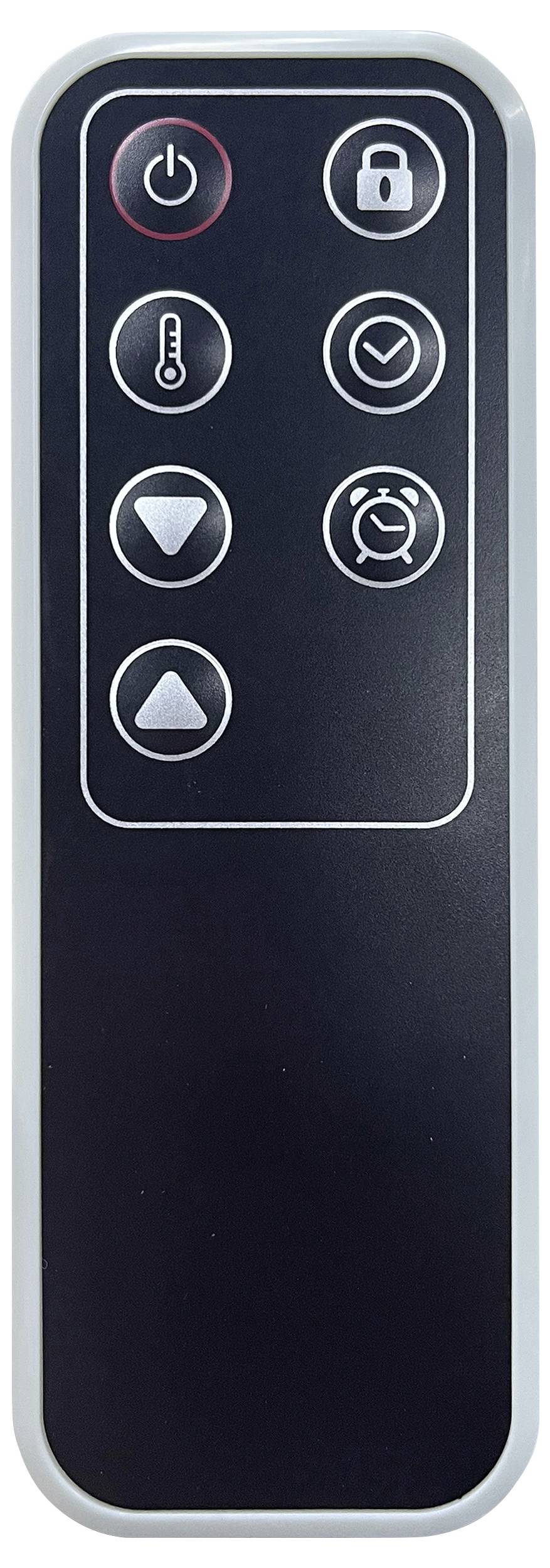 Black remote control with six symbol buttons: On/Off, Lock, Thermometer, Tick, Down Arrow, and Alarm Clock.