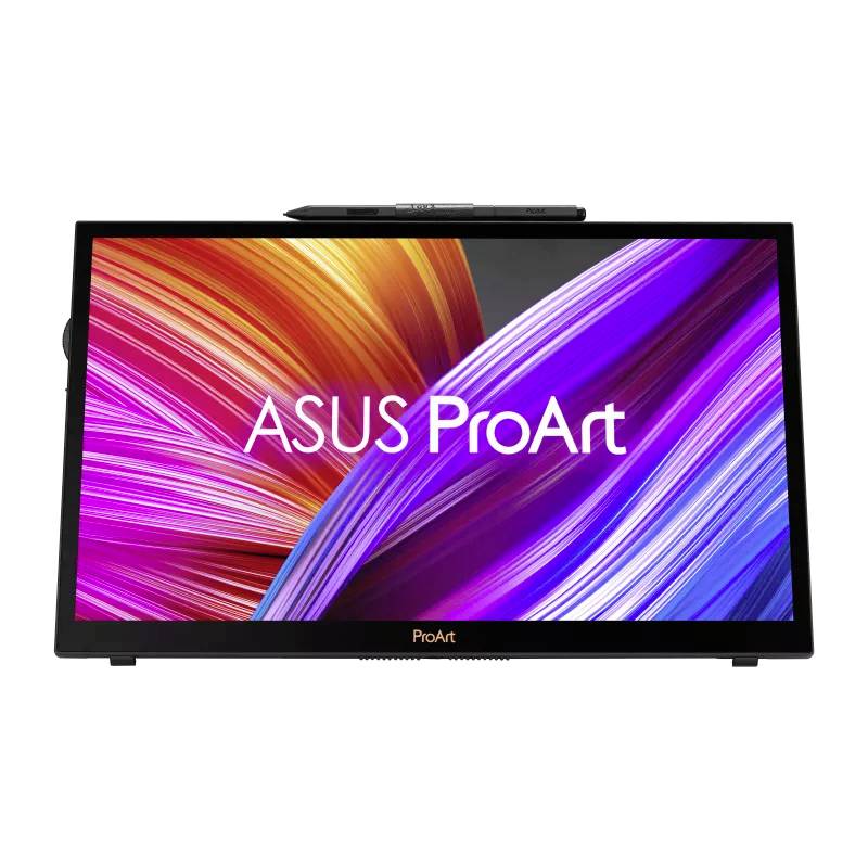 The image shows an ASUS ProArt monitor with luminous colour stripes in orange, red, and purple on the screen.