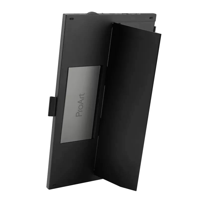 Rear view of a black monitor with the "ProArt" lettering and an extendable stand.