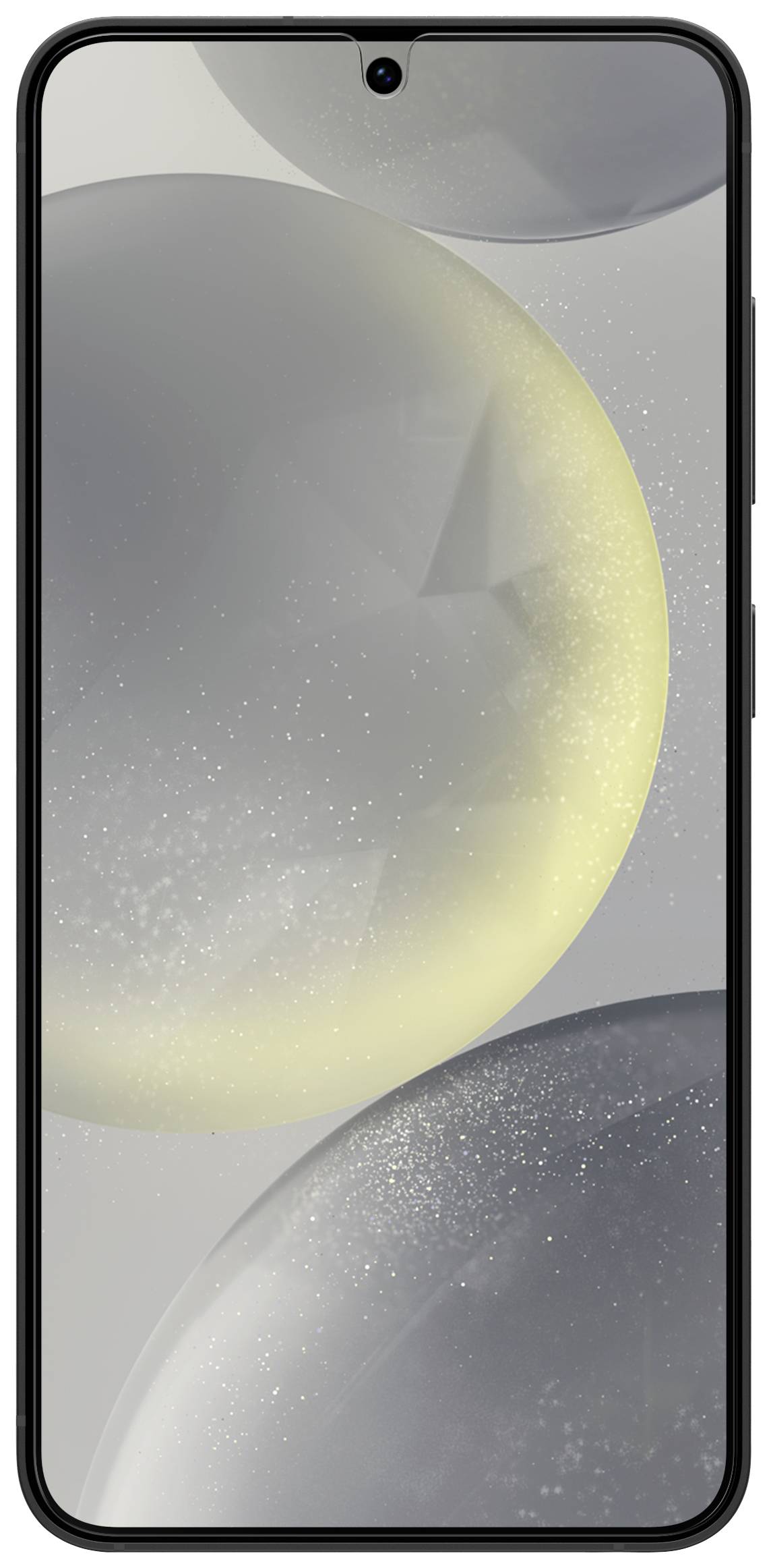 Smartphone with a dark frame. The display shows abstract grey and yellowish shimmering spheres.