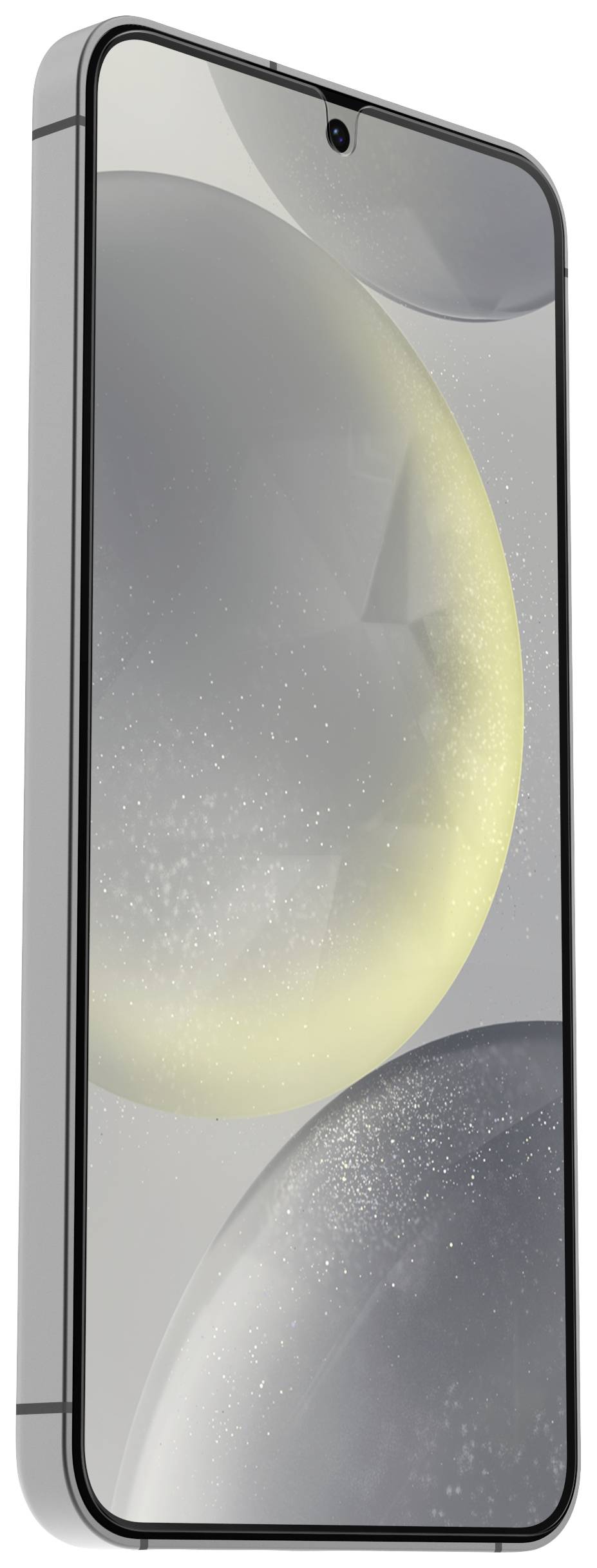Smartphone with a glossy silver casing and large display showing abstract grey and yellow shapes.