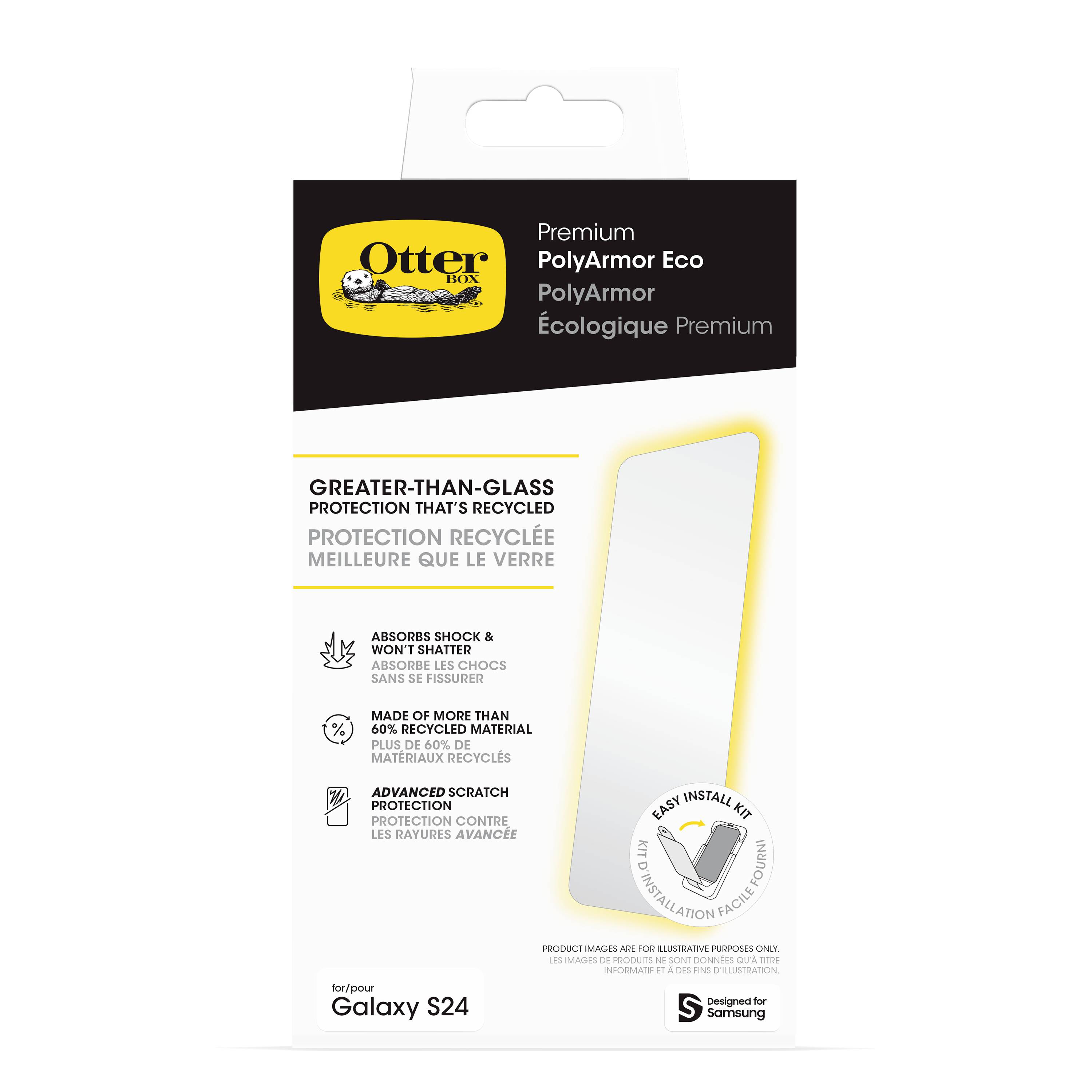 The packaging displays the OtterBox PolyArmor Eco screen protector for the Samsung Galaxy S24, emphasising environmental friendliness and impact resistance.