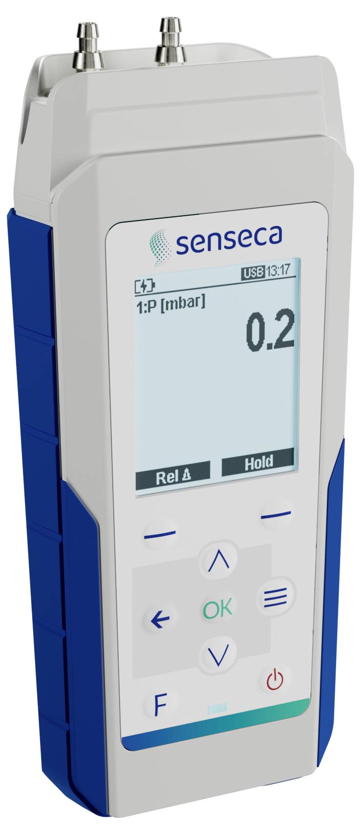 'Seneca' handheld pressure measuring device with digital display showing '0.2 mbar'. Buttons below for 'OK', 'Hold', and navigation.