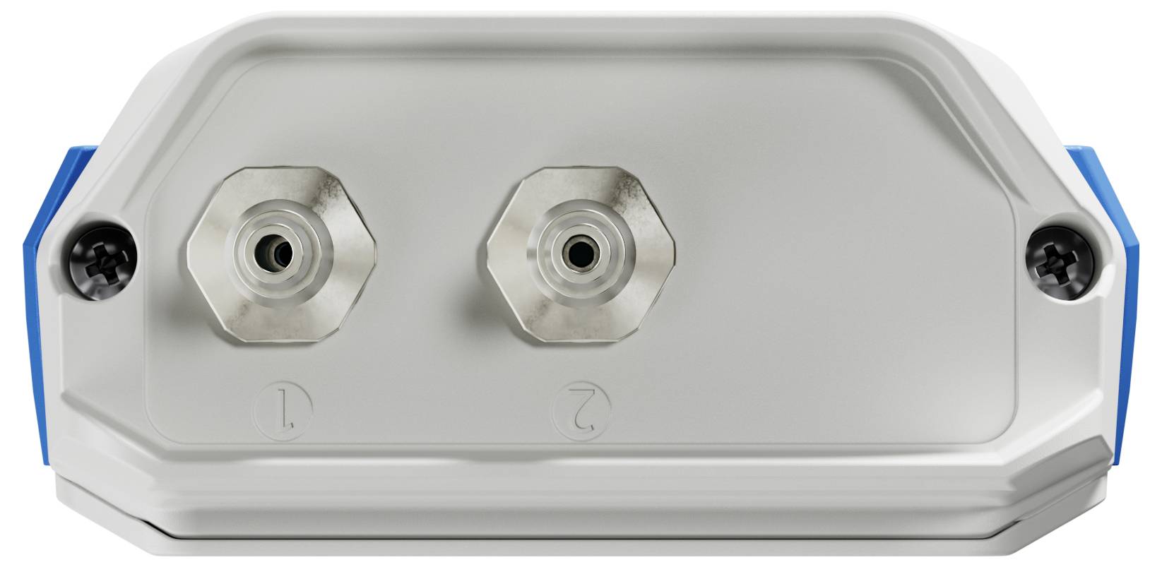 A device with two metallic, hexagonal connectors side by side, mounted on a white rectangular base with blue edges.