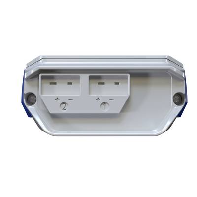 A plastic device with two rectangular slots labeled '1' and '2', featuring plus and minus symbols, likely for electrical connections.