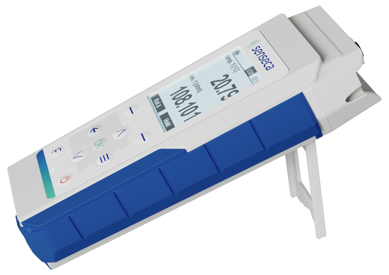 A digital sensor device displaying '20° C', likely measuring temperature, with a blue and white casing and various symbols on buttons.