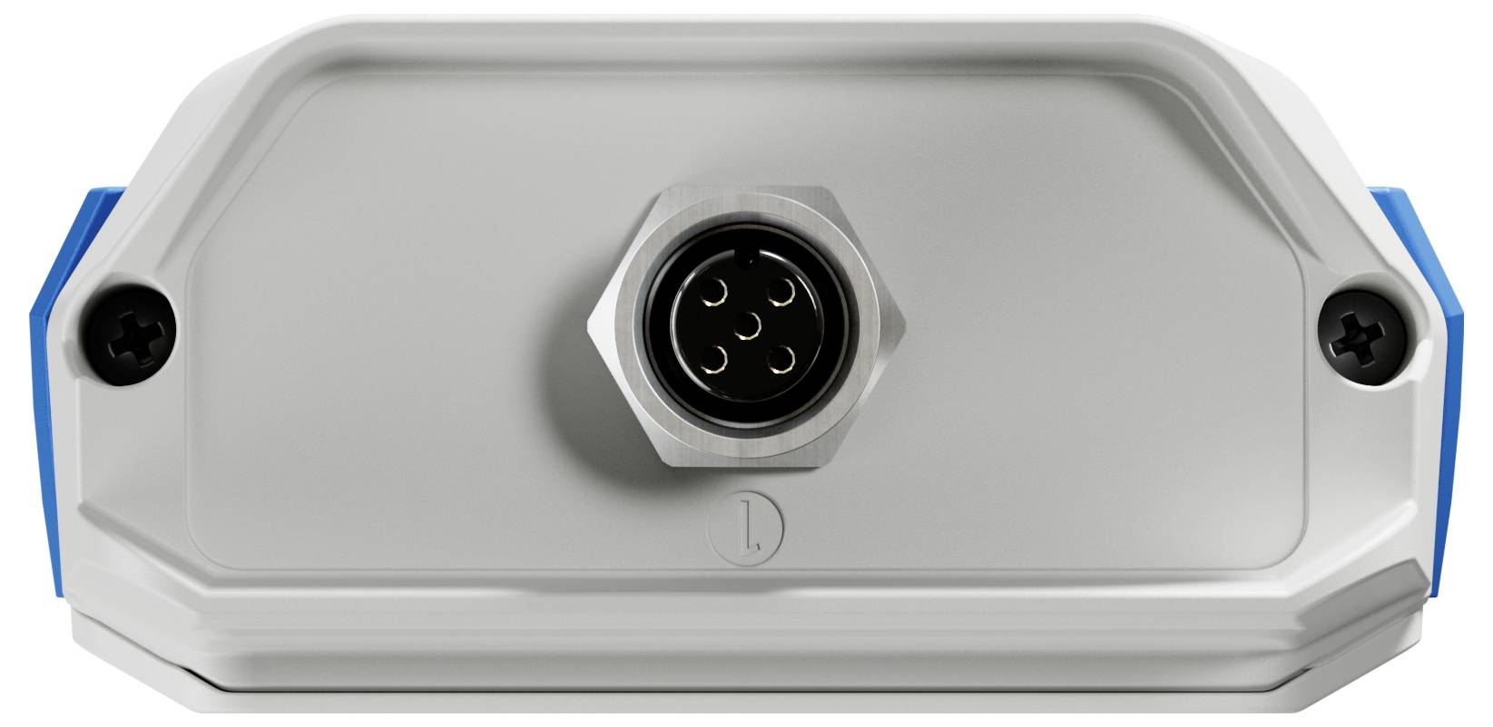 A close-up image of a gray device with a central circular connector having several pins. The device has two blue sides and a hexagonal socket at the top.