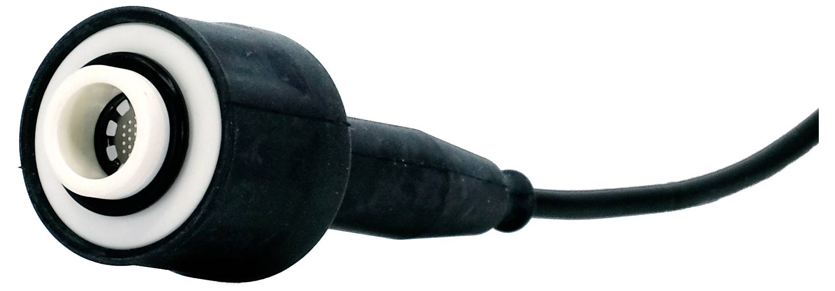 A black and white wired sensor, possibly for a device or equipment, with a cylindrical shape and a visible lens or opening at the front.