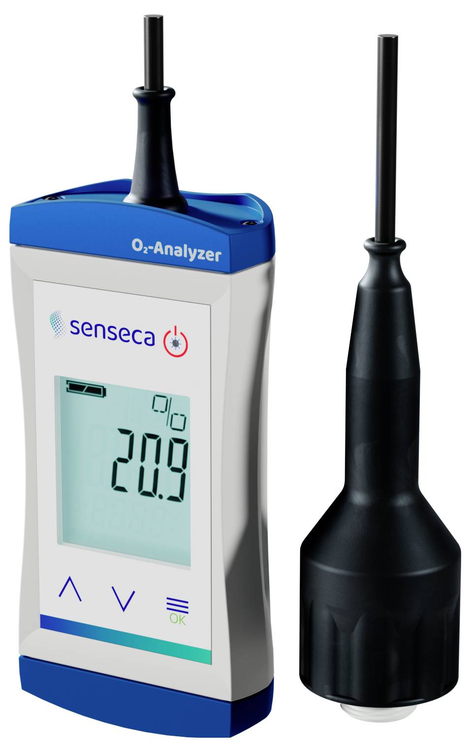 'O2-Analyzer' device with digital display showing '20.9'. Includes a long, black sensor probe for oxygen measurement.