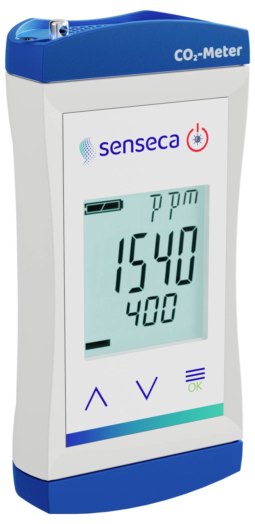 Handheld CO2 meter displaying '1540 ppm' and '400', with two buttons below the screen and 'senseca CO2-Meter' branding on top.