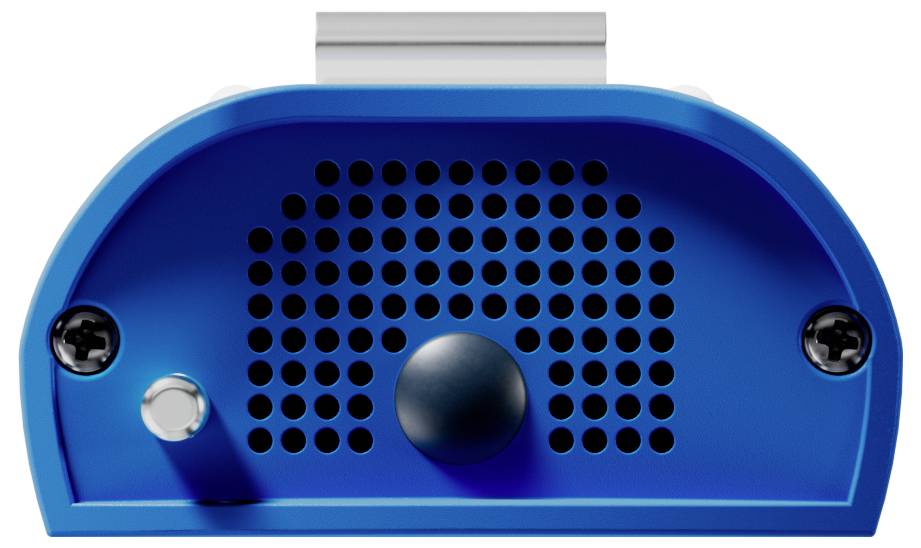 A blue, semi-circular electronic device with a perforated front panel, a central knob, and screws on the edges.
