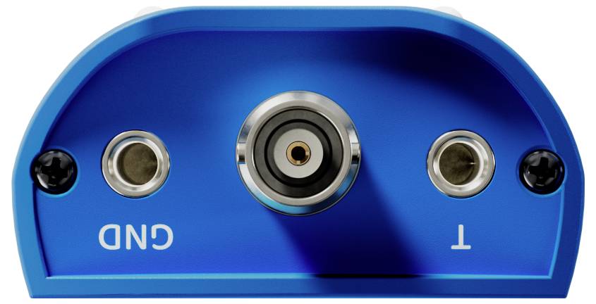 A blue sensor device with 'CND' on the left and 'T' on the right, featuring central electrical connectors and mounting holes.