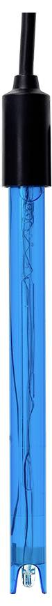 A blue glass pH probe with a black cap and wire for measuring acidity or alkalinity in a solution.