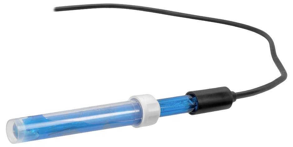 A blue and transparent cylindrical electrode probe with a black cable attached, used for measuring pH levels in scientific applications.
