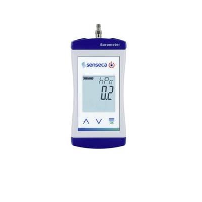Digital barometer with display showing 'hPa 956', battery indicator, buttons, and labels 'senseca' and 'Barometer'.