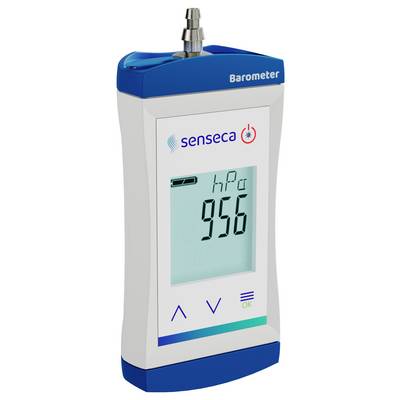 A digital barometer displaying '956 hPa' on its screen, with navigation buttons below the display and a blue casing labeled 'Barometer'.