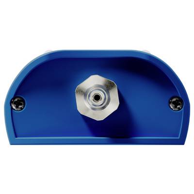 A blue and silver metal wall bracket with screws visible on either side. Central focus is on the octagonal metal fixture.