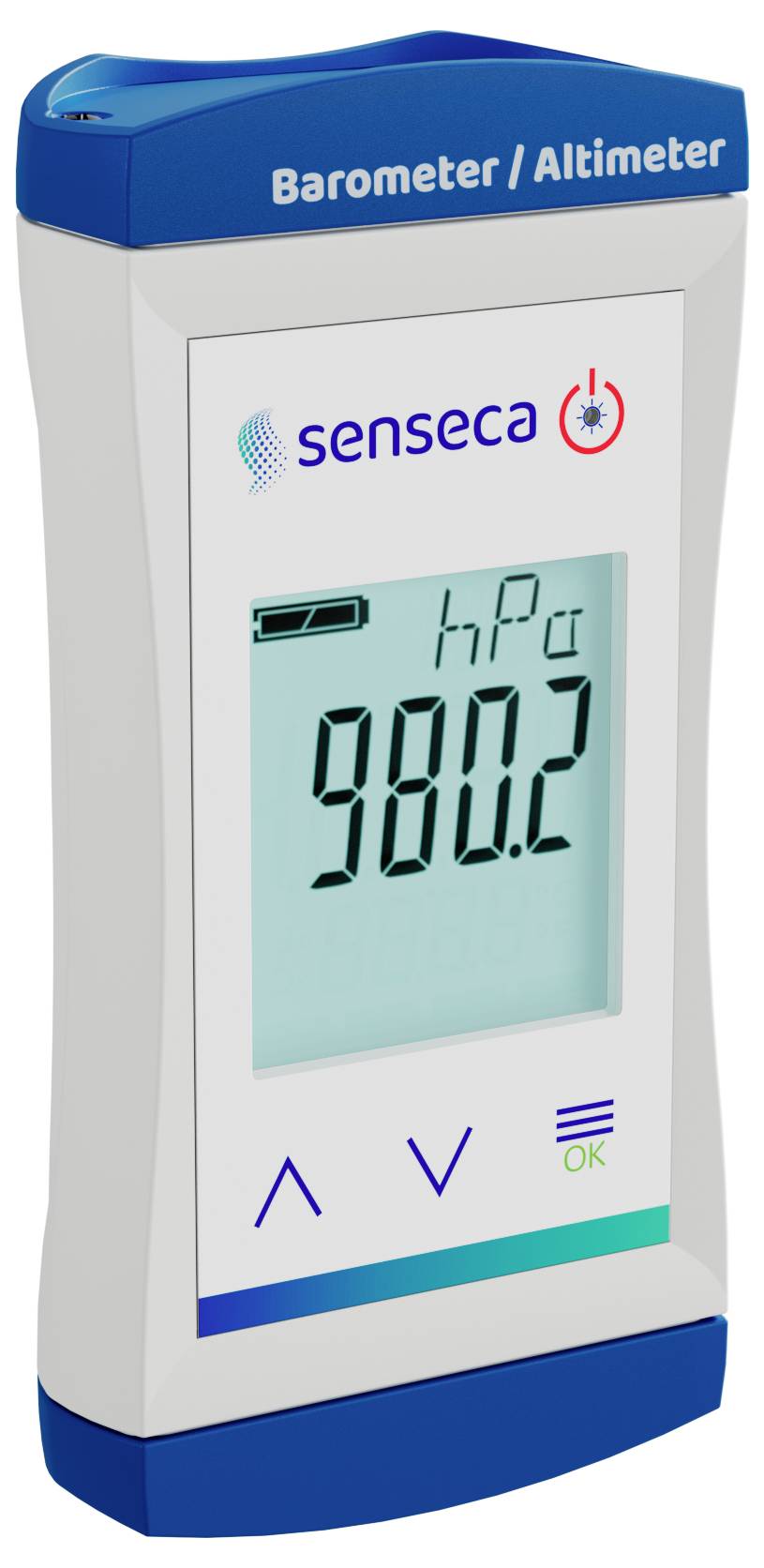 Digital barometer displaying '980.2 hPa' on the screen, labeled 'senseca' with blue accents, showing barometric pressure in hectopascals.