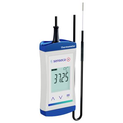 Handheld digital thermometer displaying '37.25°C' with probe attached, used for precise temperature measurement.