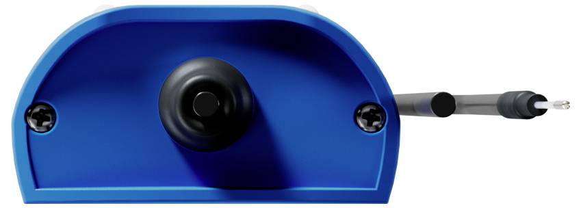 A blue pencil sharpener with a manual crank on the side and a pencil inserted, showcasing the sharpening mechanism.