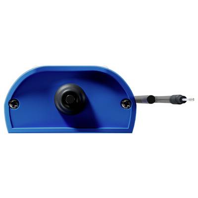 A blue pencil sharpener with a manual crank on the side and a pencil inserted, showcasing the sharpening mechanism.