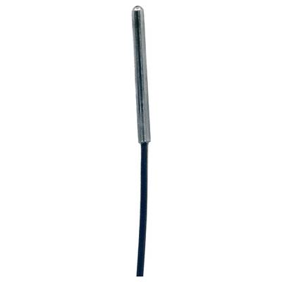 A metal cylindrical temperature sensor with a black wire attached.