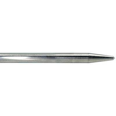 A silver metal rod with a pointed end, positioned horizontally. Suitable for driving into firm ground or material.