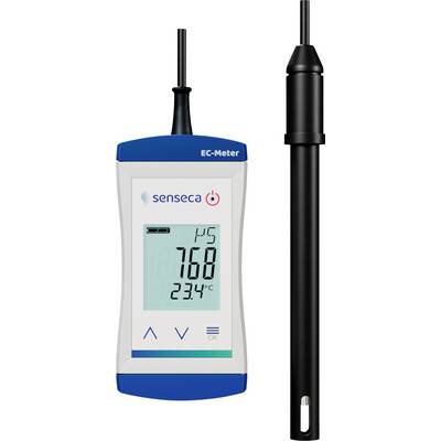 Handheld EC meter displaying '145', '768', and '23.4°C' with a connected probe, used for measuring electrical conductivity and temperature in liquids.