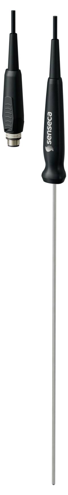 A long, thin metal probe thermometer with a black handle and connector.