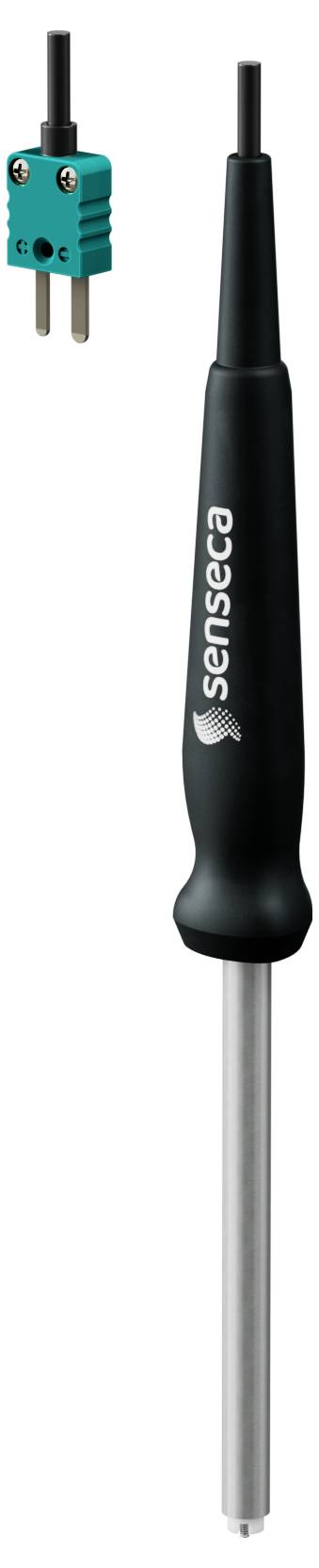'Temperature probe with a black handle and metallic sensor tip, featuring a green connector with two prongs at the top left.'